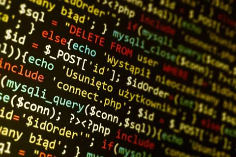 Software development pattern. Programmer monitor with php language code. Clos Stock Photos