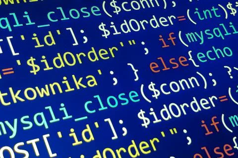 Software development pattern. Programmer monitor with php language code. Clos 스톡 사진
