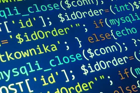 Software development pattern. Programmer monitor with php language code. Clos Stock Photos