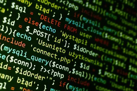 Software development pattern. Programmer monitor with php language code. Clos Stockfoto's