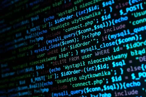 Software development pattern. Programmer monitor with php language code. Clos Stockfoto's