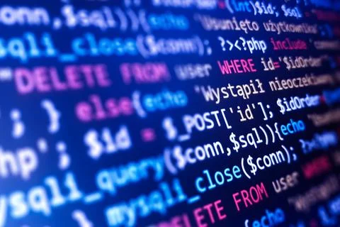 Software development pattern. Programmer monitor with php language code. Clos Stockfoto's