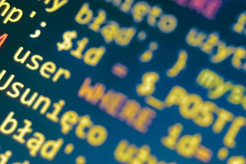 Software development pattern. Programmer monitor with php language code. Clos Stock Photos