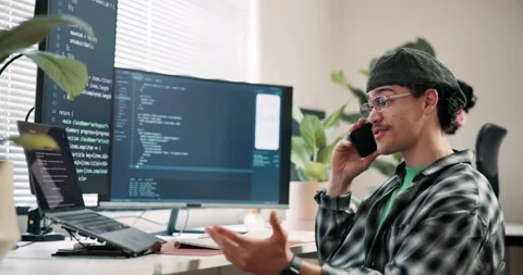 Software development, phone call and man with computer screen in business Vídeo Stock 346941967