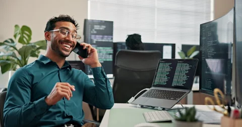 Software development, phone call and happy man with laptop screen in office Vídeo Stock 346948499
