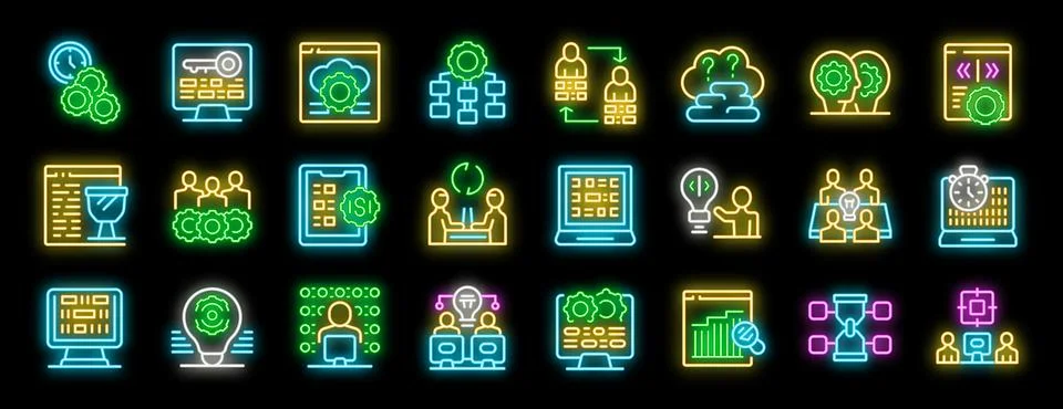 Software development process and teamwork in neon style icons Illustrazione stock