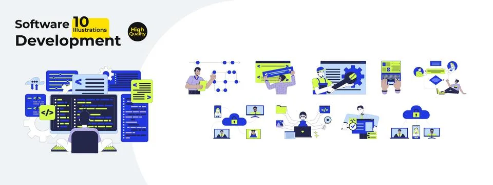 Software development process cartoon flat illustrations mega bundle Stock Illustration