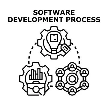 Software development process illustrating idea, analytics, and teamwork 스톡 일러스트
