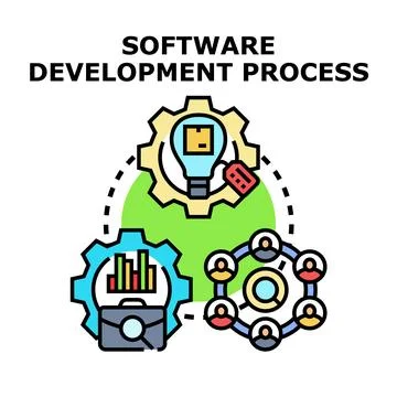 Software development process illustrating idea, analytics, and teamwork 库存插图