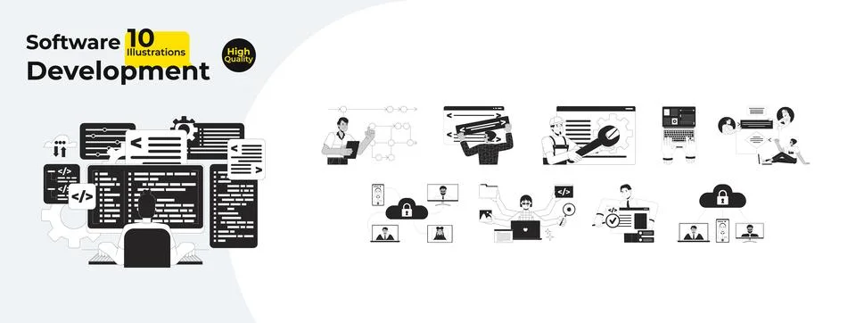 Software development process outline illustrations mega bundle イラスト素材