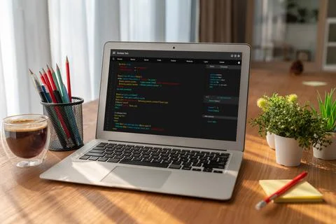 Software development programming on computer screen for modish application Fotos de archivo