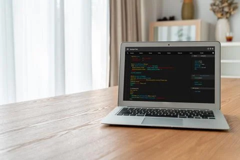 Software development programming on computer screen for modish application 库存照片