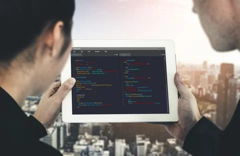 Software development programming on computer screen for modish application 스톡 사진