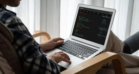 Software development programming on computer screen for modish application 库存照片