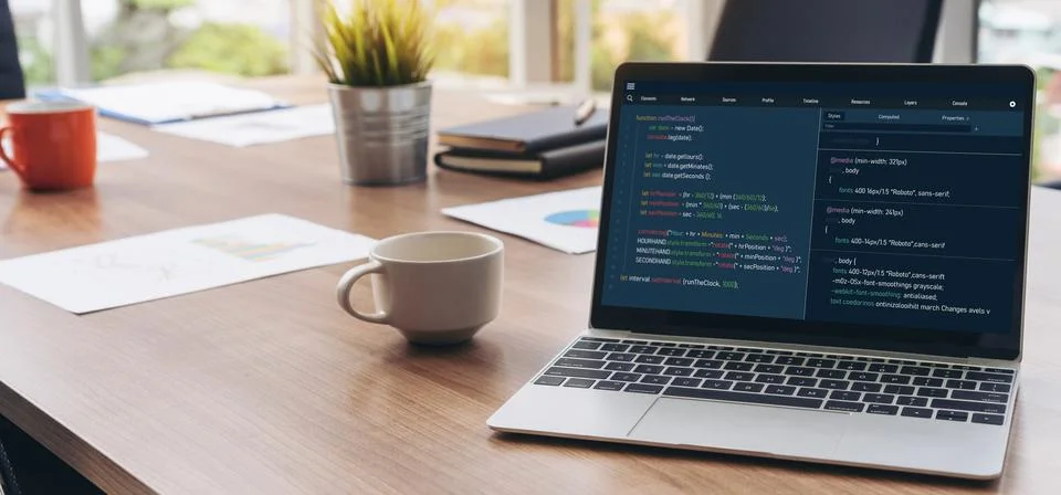 Software development programming on computer screen for modish application 스톡 사진