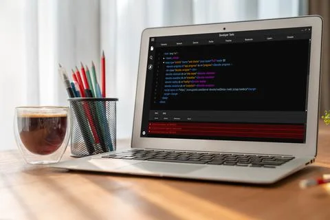 Software development programming on computer screen for modish application Stock Photos