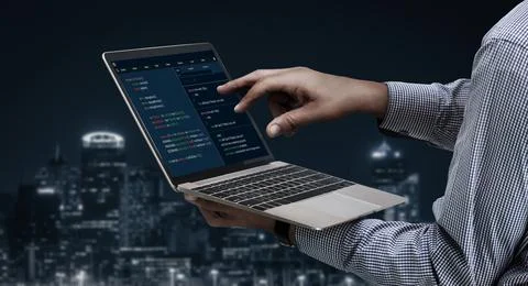 Software development programming on computer screen for modish application Fotos de archivo