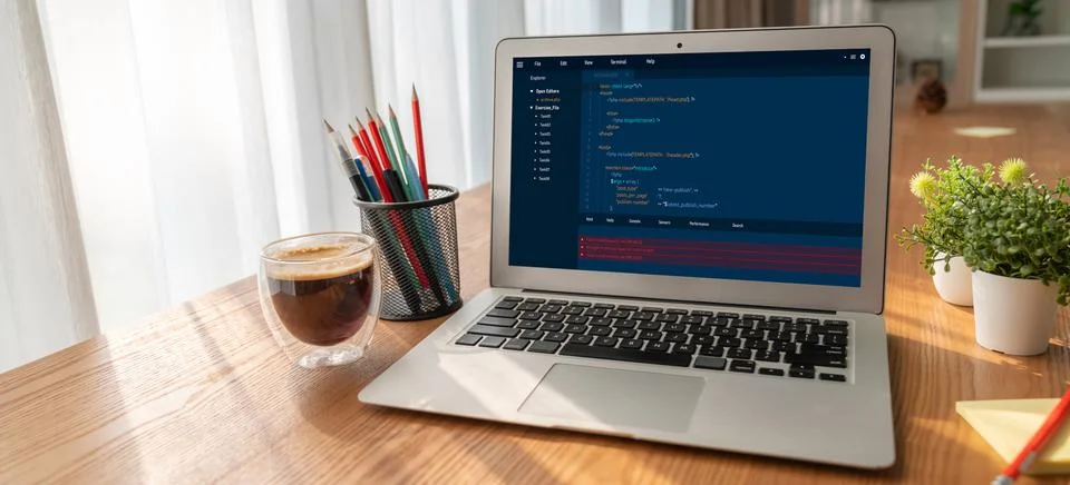 Software development programming on computer screen for modish application Stock Photos