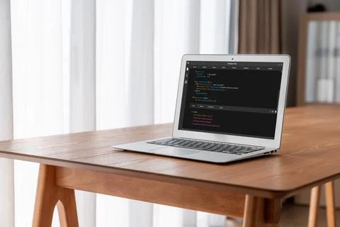 Software development programming on computer screen for modish application 库存照片