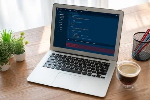 Software development programming on computer screen for modish application Fotos de archivo