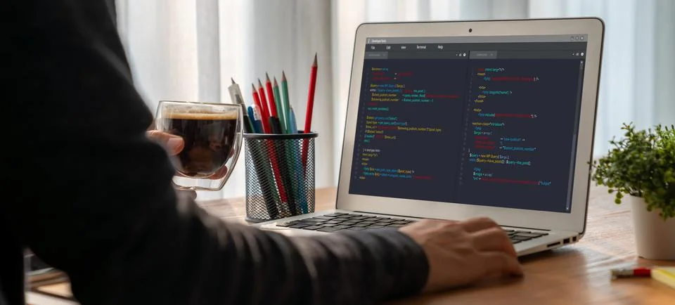 Software development programming on computer screen for modish application 스톡 사진