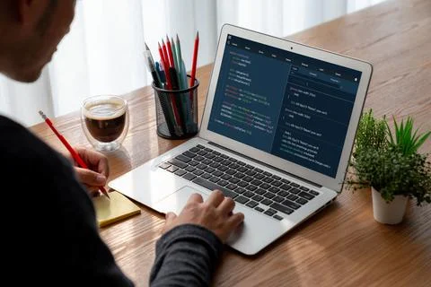Software development programming on computer screen for modish application Stock Photos