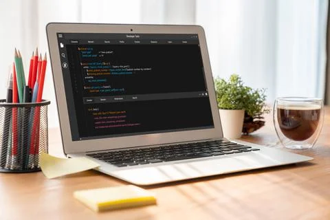 Software development programming on computer screen for modish application 스톡 사진