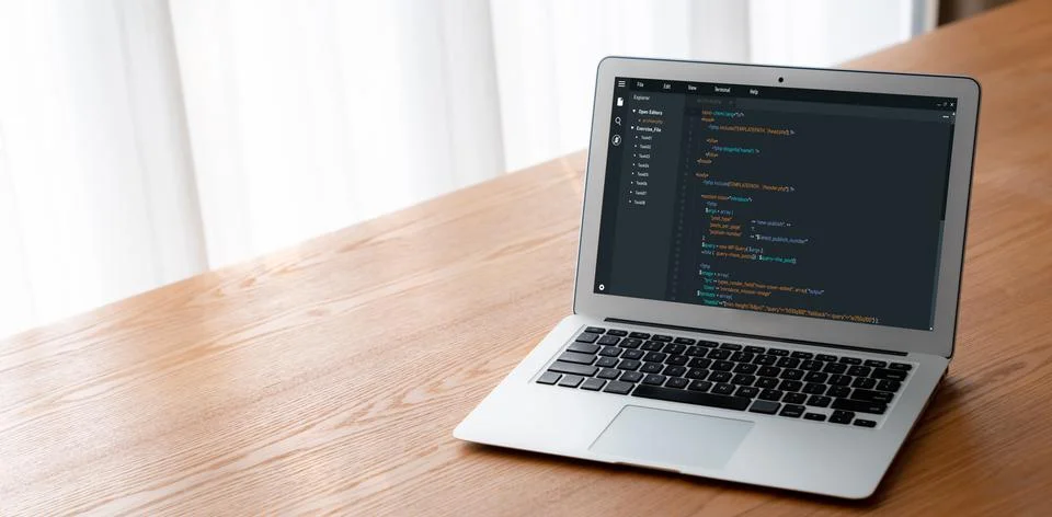 Software development programming on computer screen for modish application Stock Photos