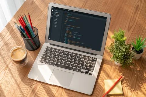 Software development programming on computer screen for modish application Stock Photos