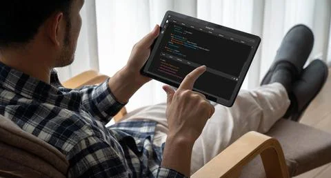 Software development programming on computer screen for modish application 库存照片