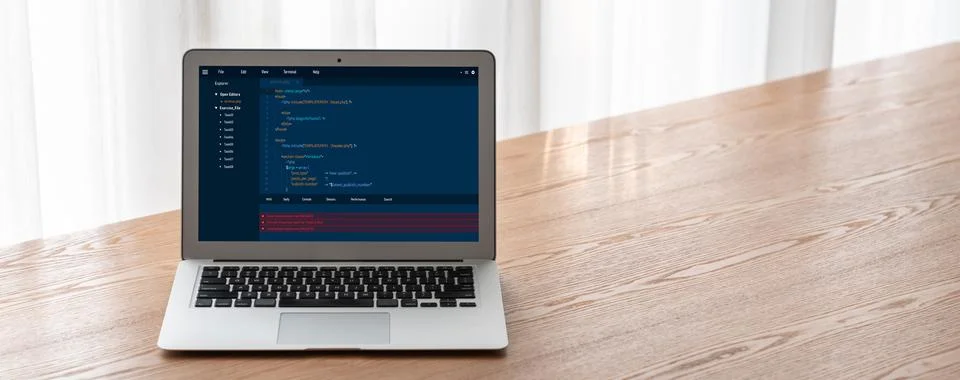 Software development programming on computer screen for modish application Stock Photos