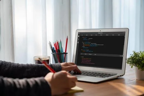 Software development programming on computer screen for modish application Stock Photos