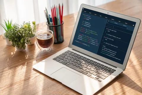 Software development programming on computer screen for modish application Fotos de archivo