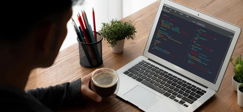 Software development programming on computer screen for modish application 库存照片