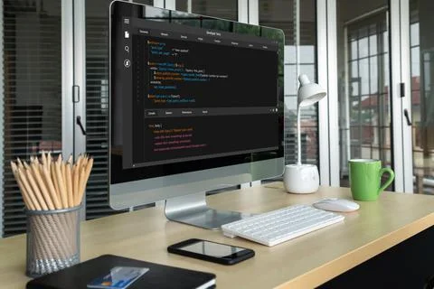 Software development programming on computer screen for modish application Fotos de archivo