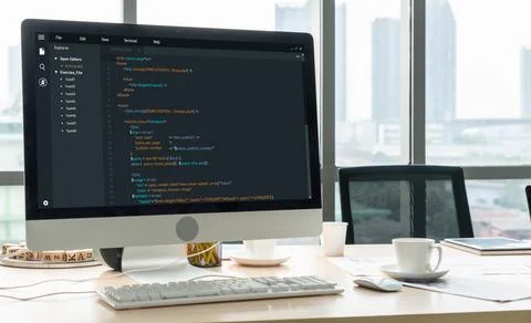 Software development programming on computer screen for modish application Fotos de archivo