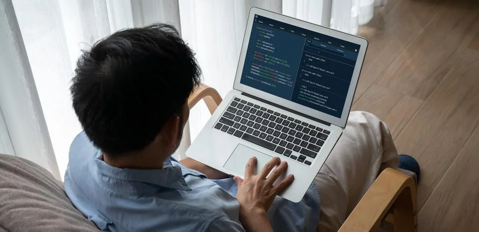 Software development programming on computer screen for modish application Fotos de archivo
