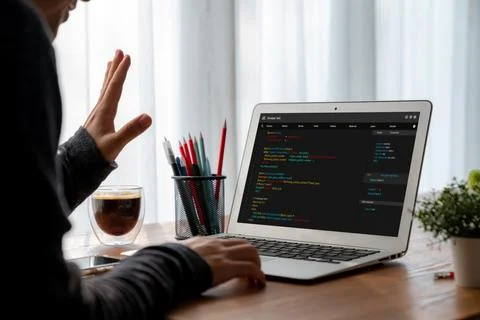 Software development programming on computer screen for modish application 스톡 사진