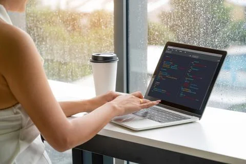 Software development programming on computer screen for modish application 스톡 사진