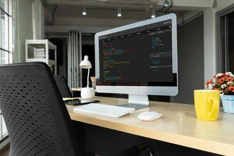 Software development programming on computer screen for modish application 스톡 사진