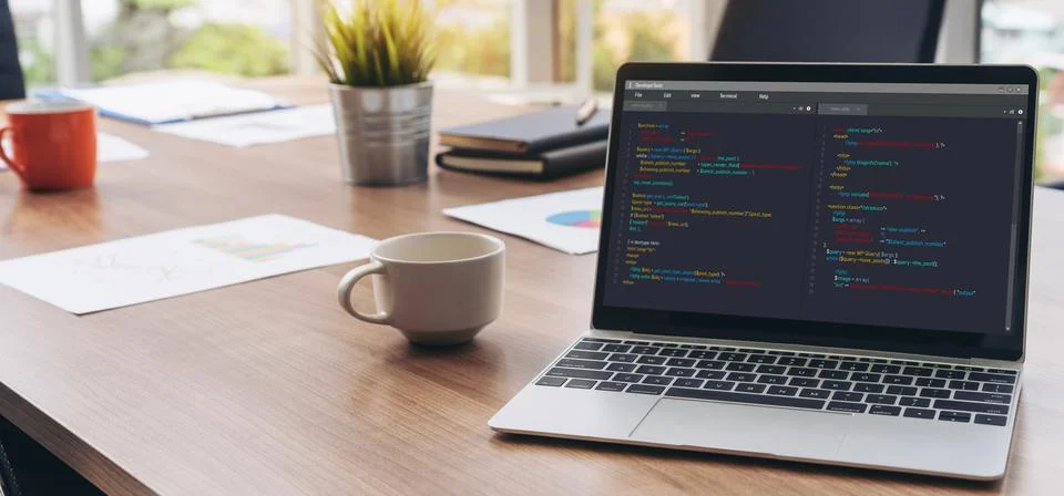 Software development programming on computer screen for modish application Fotos de archivo