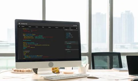 Software development programming on computer screen for modish application Foto stock