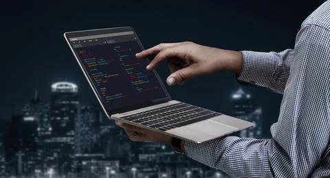 Software development programming on computer screen for modish application Foto stock