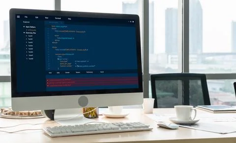 Software development programming on computer screen for modish application Stock Photos