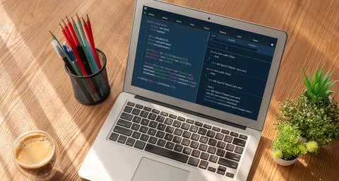 Software development programming on computer screen for modish application Stock Photos