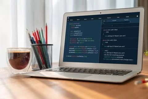 Software development programming on computer screen for modish application Stock-Fotos