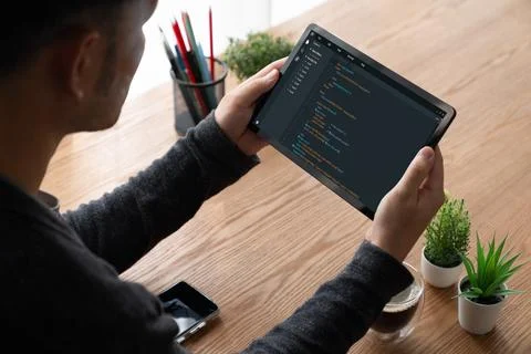 Software development programming on computer screen for modish application Stock Photos
