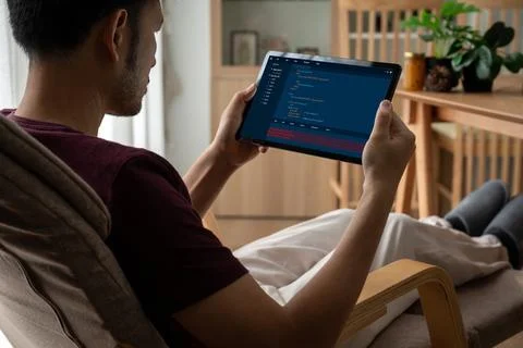 Software development programming on computer screen for modish application Stock Photos