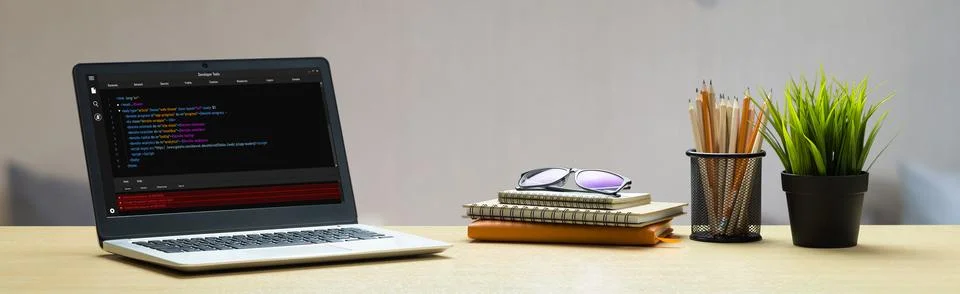 Software development programming on computer screen for modish application 库存照片