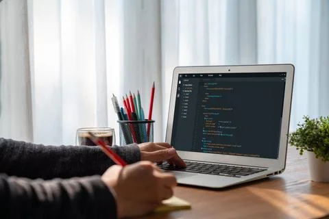 Software development programming on computer screen for modish application 库存照片